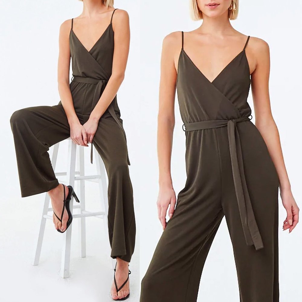 Olive Green Surplice V Neck Wide Leg Belt Jumpsuit - Picture 5 of 8